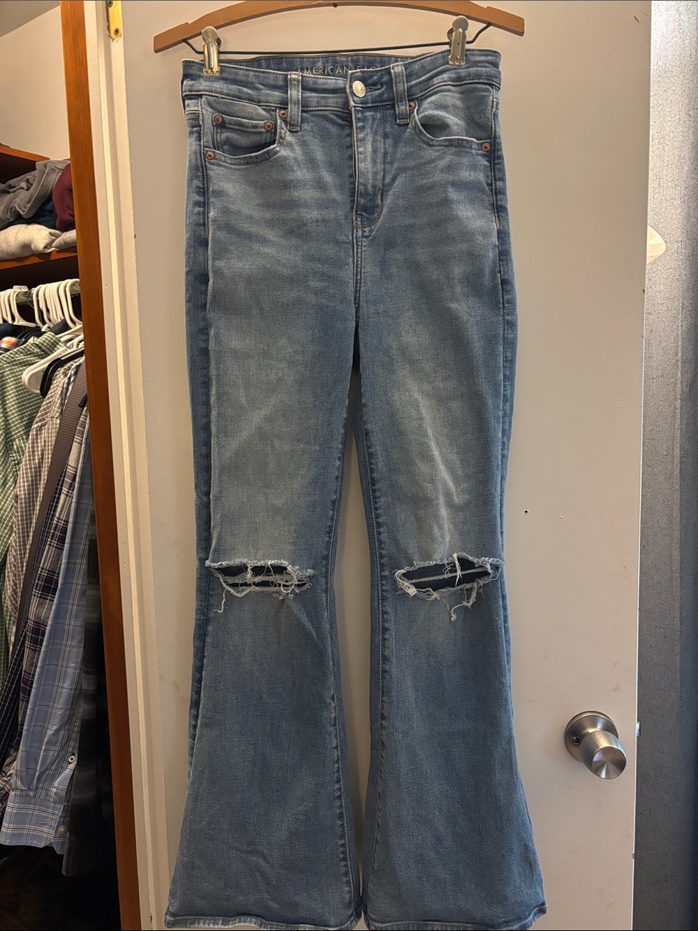 American Eagle Outfitters Super High Rise Flare with knee rips